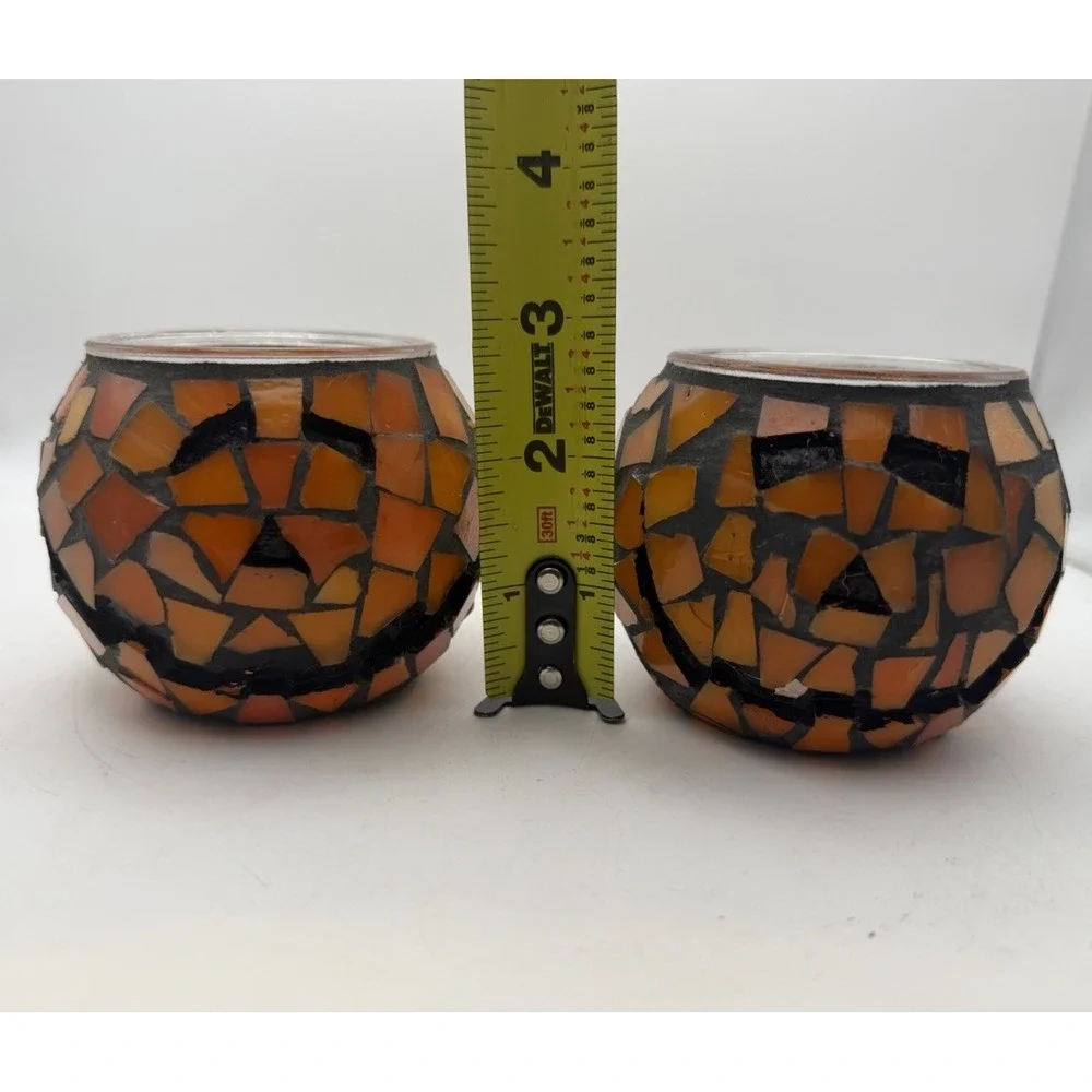 Set of 2 Mosaic Glass Pumpkin Jack O Lantern Tealight Candle Holders Halloween